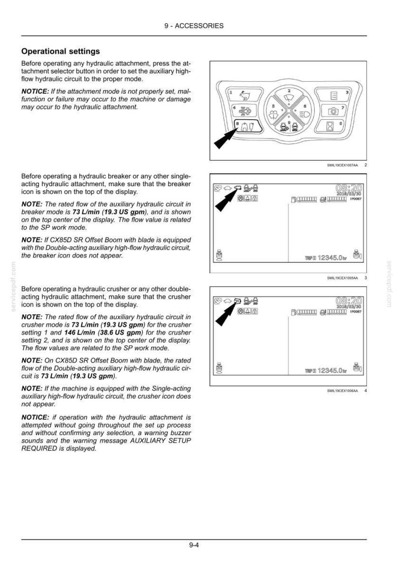May include: A page from a manual with operational settings for hydraulic attachments. It includes diagrams of control panels and displays, with text detailing flow rates in US gallons per minute and other technical specifications.