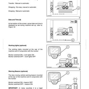 May include: Diagrams from a manual showing controls and instruments for a machine. The diagrams include illustrations of a machine with labels for the wrapper working menu, date and time, working lights, and warning beacon.