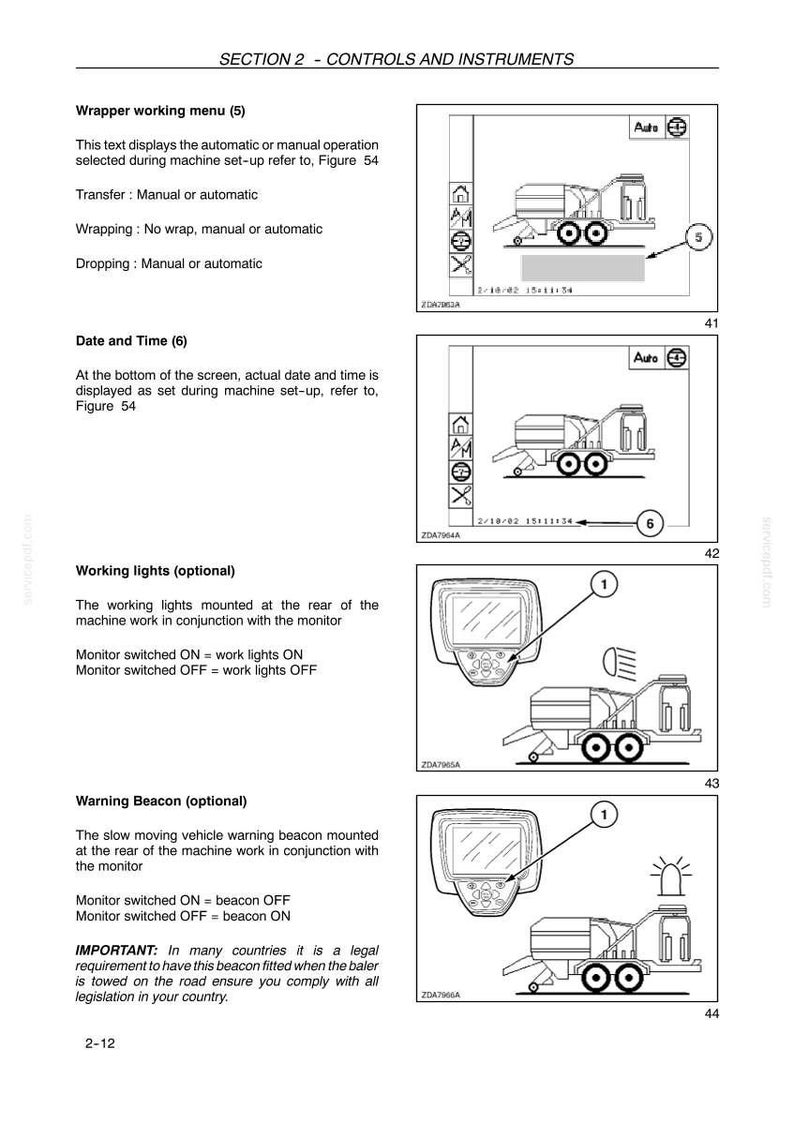 May include: Diagrams from a manual showing controls and instruments for a machine. The diagrams include illustrations of a machine with labels for the wrapper working menu, date and time, working lights, and warning beacon.