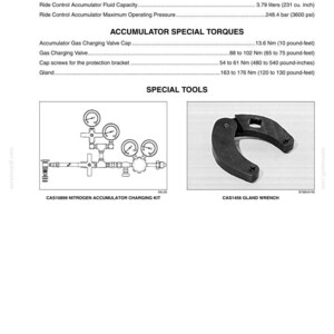 May include: Technical diagram detailing ride control accumulator specifications, including fluid capacity and maximum operating pressure. Features a nitrogen accumulator charging kit and a gland wrench.