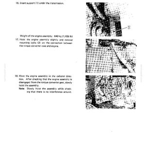 May include: A technical manual page titled ENGINE ASSEMBLY, DISASSEMBLY AND ASSEMBLY, featuring text instructions and three black-and-white diagrams showing mechanical parts labeled 1 and 2, with a stated engine assembly weight of 1,408 lb.