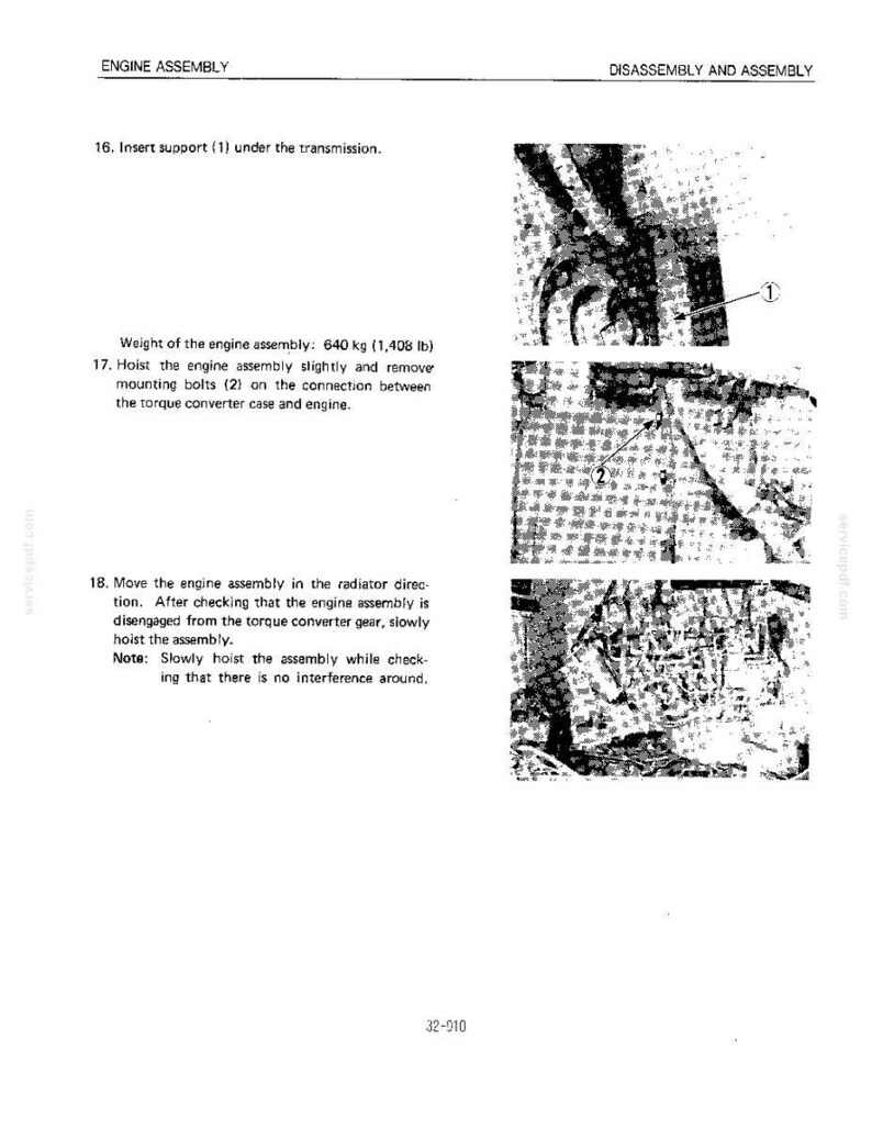 May include: A technical manual page titled ENGINE ASSEMBLY, DISASSEMBLY AND ASSEMBLY, featuring text instructions and three black-and-white diagrams showing mechanical parts labeled 1 and 2, with a stated engine assembly weight of 1,408 lb.