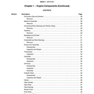 May include: A page from a manual titled "SECTION 10 - ENGINE" with a table of contents for engine components. The table lists various parts like oil suction pipes, rocker arms, and valves, along with page numbers.