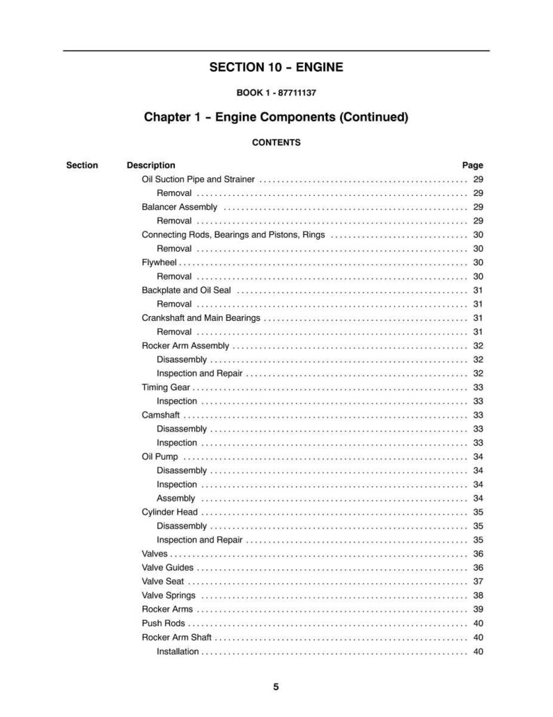 May include: A page from a manual titled "SECTION 10 - ENGINE" with a table of contents for engine components. The table lists various parts like oil suction pipes, rocker arms, and valves, along with page numbers.