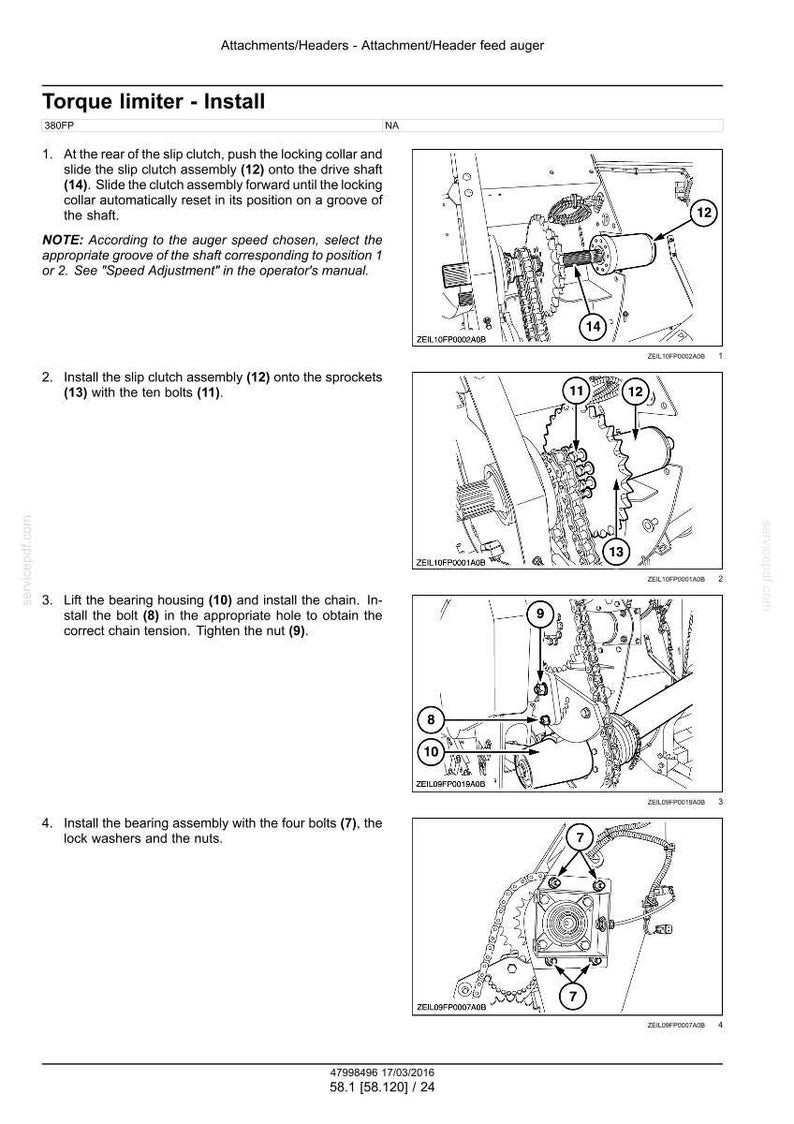 May include: Diagram of a torque limiter installation process, with numbered steps and illustrations of mechanical components. Includes close-ups of bolts, sprockets, and a drive shaft. Text instructions are provided.