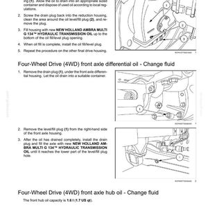 May include: A technical manual page titled 7-MAINTENANCE detailing procedures for changing final drive housing oil, front axle differential oil, and front axle hub oil for New Holland machinery, featuring black and white line drawings.