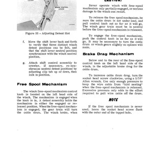 May include: Diagram of a winch mechanism with labels for the shift control lever, brake control lever, and free spool mechanism. Instructions detail adjusting the detent slot and engaging the free spool.