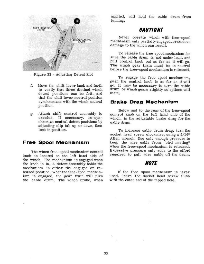 May include: Diagram of a winch mechanism with labels for the shift control lever, brake control lever, and free spool mechanism. Instructions detail adjusting the detent slot and engaging the free spool.