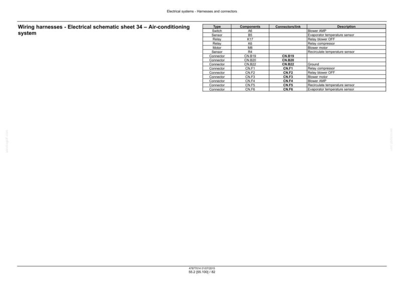 May include: A detailed electrical schematic for an air-conditioning system, featuring a table with component types, connectors, and descriptions. The document is labeled "Wiring harnesses - Electrical schematic sheet 34".