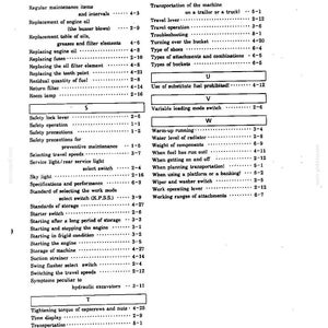 Pode incluir: Uma p&aacute;gina de manual t&eacute;cnico em preto e branco apresentando um &iacute;ndice de t&oacute;picos de manuten&ccedil;&atilde;o e opera&ccedil;&atilde;o de m&aacute;quinas. O texto lista se&ccedil;&otilde;es de Regular maintenance items a Working ranges of attachments, organizadas alfabeticamente com n&uacute;meros de p&aacute;gina.