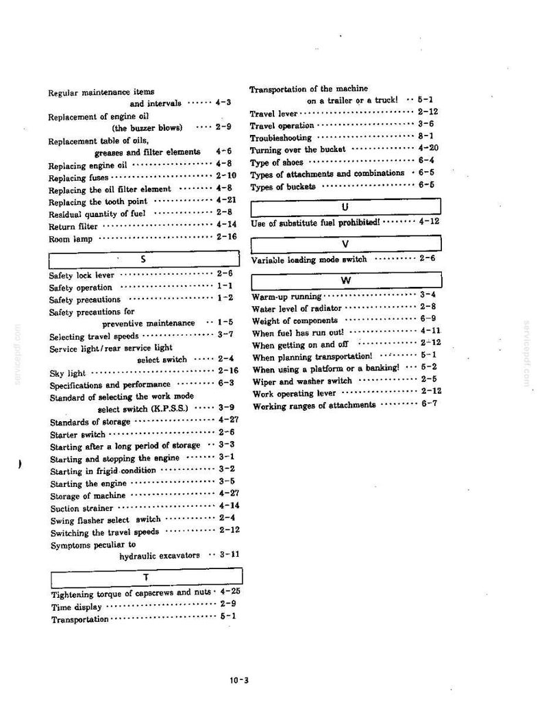 Pode incluir: Uma p&aacute;gina de manual t&eacute;cnico em preto e branco apresentando um &iacute;ndice de t&oacute;picos de manuten&ccedil;&atilde;o e opera&ccedil;&atilde;o de m&aacute;quinas. O texto lista se&ccedil;&otilde;es de Regular maintenance items a Working ranges of attachments, organizadas alfabeticamente com n&uacute;meros de p&aacute;gina.