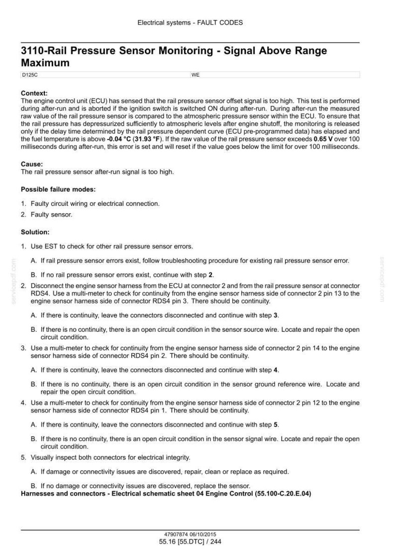 Op de afbeelding: Een technisch document getiteld "3110-Raildruksensorbewaking - Signaal Boven Bereik Maximum" met stappen voor probleemoplossing voor een defecte rail-druksensor. Inclusief elektrische schema's.