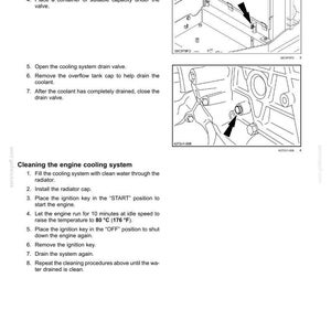 May include: Diagram from a maintenance manual showing steps for cleaning an engine cooling system. Includes instructions for draining coolant, filling with water, and running the engine. Text includes "Cleaning the engine cooling system".