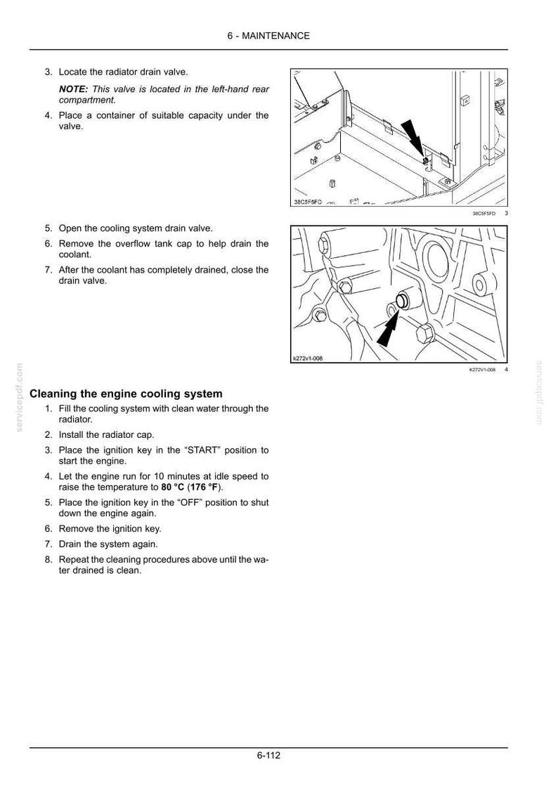 May include: Diagram from a maintenance manual showing steps for cleaning an engine cooling system. Includes instructions for draining coolant, filling with water, and running the engine. Text includes "Cleaning the engine cooling system".