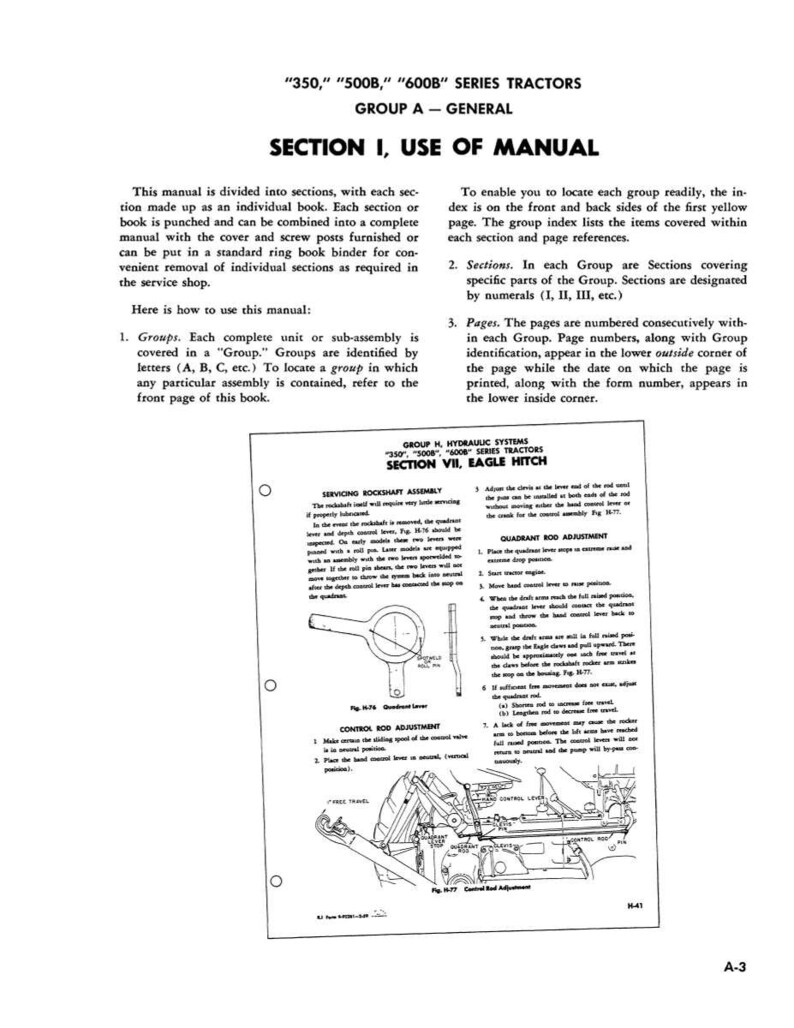 May include: A page from a manual for "350," "500B," and "600B" series tractors. The manual is divided into sections, with instructions on how to use it. Includes diagrams and text about the tractor's hydraulic systems and control rod adjustment.