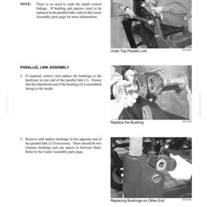 May include: A technical manual page titled SECTION 3 - MECHANICAL SERVICE, featuring three black and white photographs demonstrating the disassembly and bushing replacement process for a parallel link assembly on mechanical equipment.