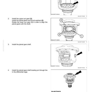 May include: Diagram of a front axle system, front bevel gear set, and differential. The image shows step-by-step instructions for installing the lower sun gear, upper sun gear, planet gears, and planet gear shaft. Includes measurements in inches.