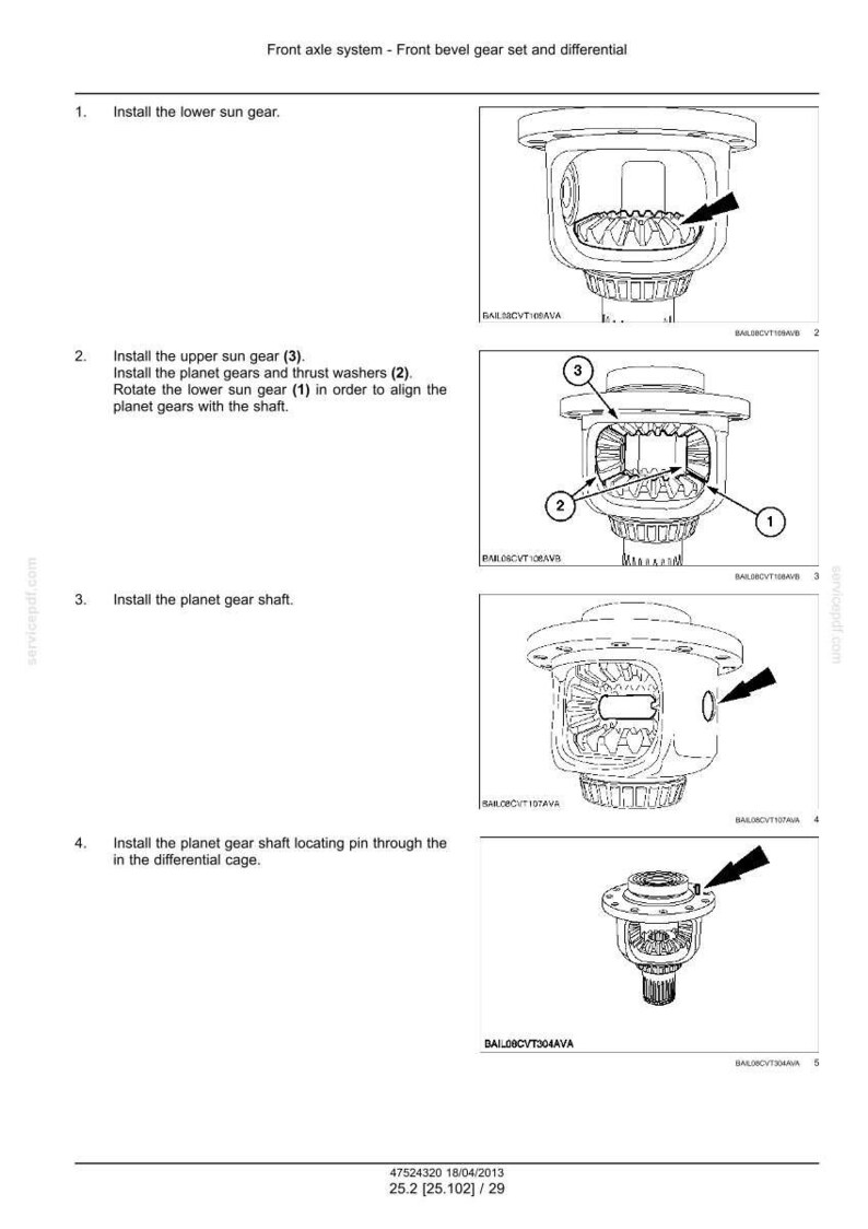 May include: Diagram of a front axle system, front bevel gear set, and differential. The image shows step-by-step instructions for installing the lower sun gear, upper sun gear, planet gears, and planet gear shaft. Includes measurements in inches.