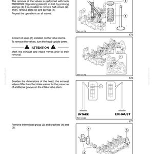 May include: Diagrams illustrating the removal of valves from a cylinder head. The images show the use of tools, including a pressing plate and springs, to disassemble the engine components. Text provides instructions for the process.