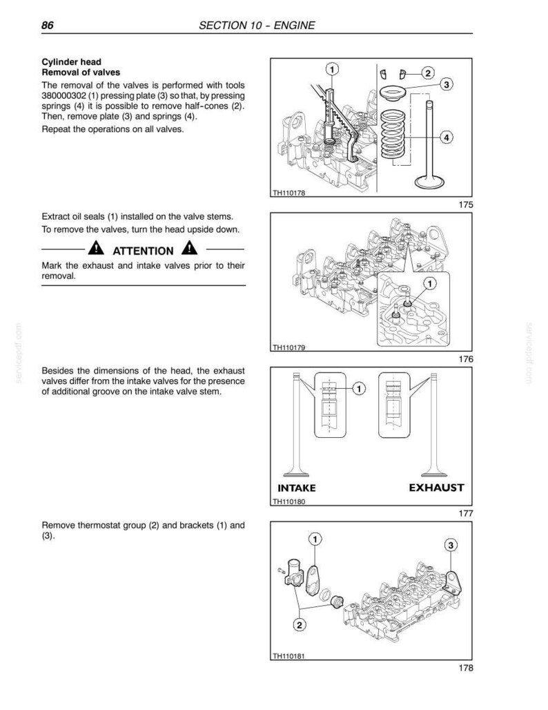 May include: Diagrams illustrating the removal of valves from a cylinder head. The images show the use of tools, including a pressing plate and springs, to disassemble the engine components. Text provides instructions for the process.