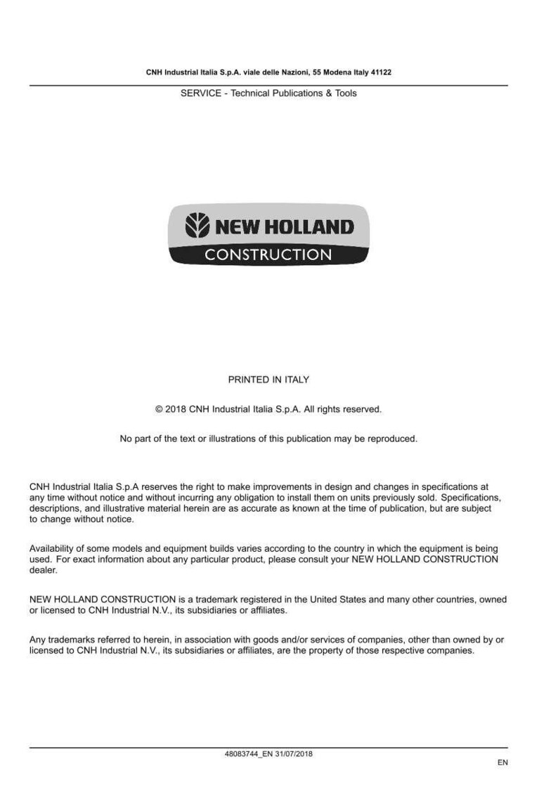 May include: A white document with the "NEW HOLLAND CONSTRUCTION" logo in a gray and black rectangle. Text includes service information, copyright details, and trademark information. The document is printed in Italy.