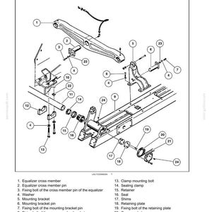 May include: An exploded view diagram of a front suspension system, labeled with part numbers and names. The diagram includes components like the equalizer cross member, mounting brackets, and track chassis. The text at the top reads "Tracks and track suspension - Front suspension."