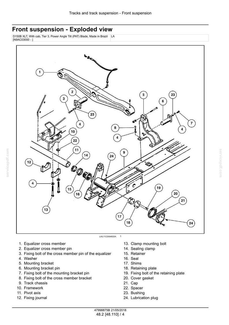 May include: An exploded view diagram of a front suspension system, labeled with part numbers and names. The diagram includes components like the equalizer cross member, mounting brackets, and track chassis. The text at the top reads "Tracks and track suspension - Front suspension."
