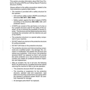 Pu&ograve; includere: Una pagina di un manuale di manutenzione che descrive il sistema di protezione della cabina di una macchina. Il testo include informazioni sulla struttura di protezione antiribaltamento (ROPS) e sulla struttura di protezione dalla caduta di oggetti (FOPS), con linee guida di sicurezza.