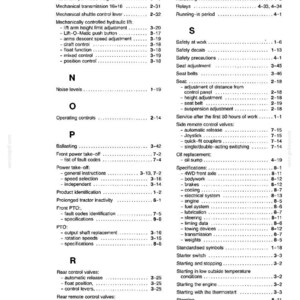 May include: A black and white page from a technical manual, specifically Section 10, displaying an alphabetical index of topics ranging from M to S. The text lists various mechanical components, maintenance procedures, and safety guidelines with page numbers.