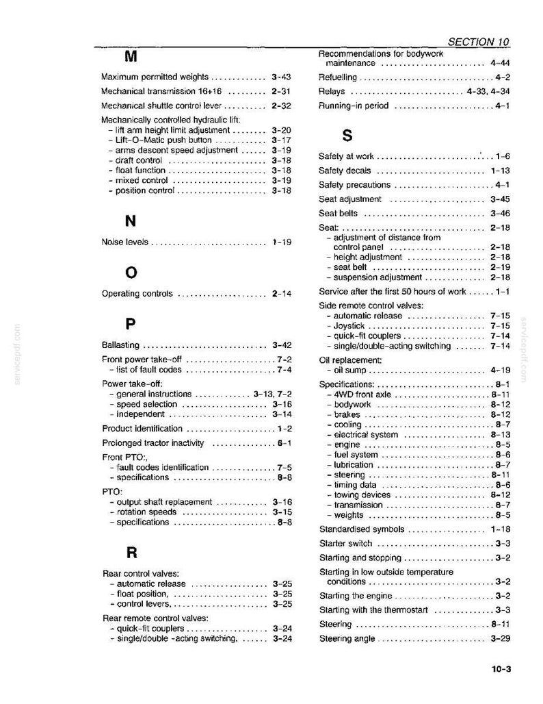 May include: A black and white page from a technical manual, specifically Section 10, displaying an alphabetical index of topics ranging from M to S. The text lists various mechanical components, maintenance procedures, and safety guidelines with page numbers.