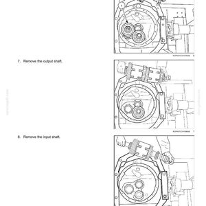 May include: Diagram of a powershift transmission's internal components, showing the removal of the input shaft, output shaft, and input shaft. The image includes text instructions and part numbers for disassembly.