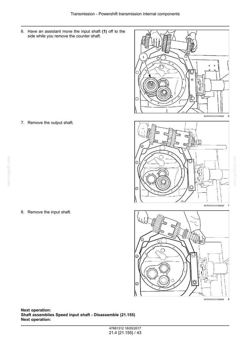 May include: Diagram of a powershift transmission's internal components, showing the removal of the input shaft, output shaft, and input shaft. The image includes text instructions and part numbers for disassembly.