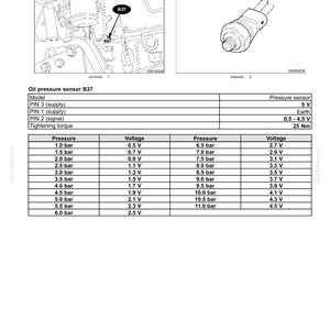May include: A technical document titled Engine oil pressure sensor and switch - Overview, featuring a line drawing of a sensor labelled B37, a detailed pinout table, and a comprehensive chart listing pressure values from 1.0 to 11.0 bar with corresponding voltages.