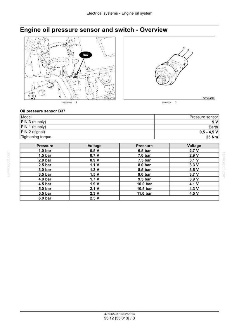 May include: A technical document titled Engine oil pressure sensor and switch - Overview, featuring a line drawing of a sensor labelled B37, a detailed pinout table, and a comprehensive chart listing pressure values from 1.0 to 11.0 bar with corresponding voltages.