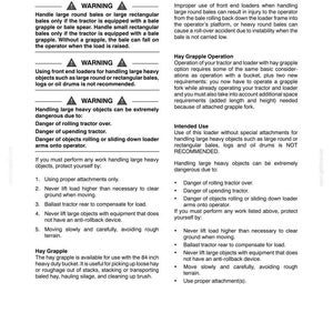 May include: A technical document page titled SECTION 2 - OPERATION, detailing safety warnings for handling large heavy objects with front end loaders. It includes instructions on using hay grapples, tractor stability, and avoiding roll-over accidents.