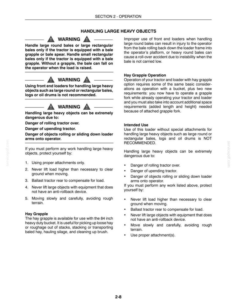 May include: A technical document page titled SECTION 2 - OPERATION, detailing safety warnings for handling large heavy objects with front end loaders. It includes instructions on using hay grapples, tractor stability, and avoiding roll-over accidents.