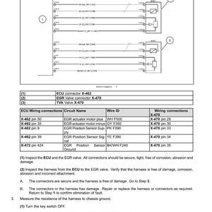 May include: Diagram showing electrical systems fault codes, including ECU and EGR valve connectors. The image details wiring connections, circuit names, and wire IDs. Instructions are provided to check wiring and connectors for damage.