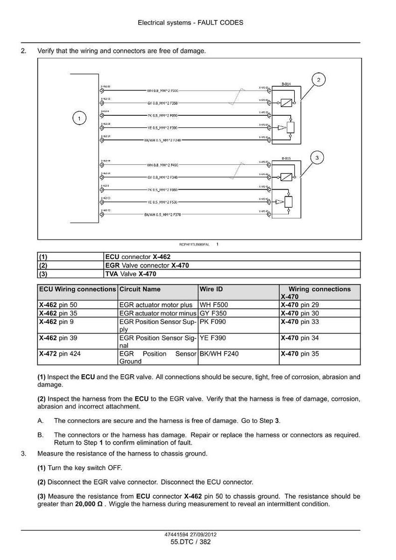 May include: Diagram showing electrical systems fault codes, including ECU and EGR valve connectors. The image details wiring connections, circuit names, and wire IDs. Instructions are provided to check wiring and connectors for damage.