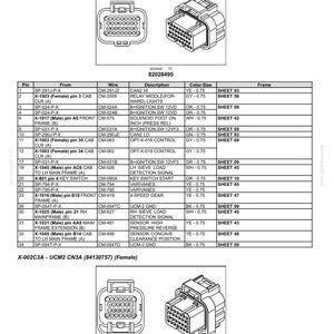 May include: Diagram of electrical connectors and harnesses, featuring two female connectors with multiple pin configurations. The image includes a detailed table listing pin assignments, wire specifications, and color codes for various electrical components.