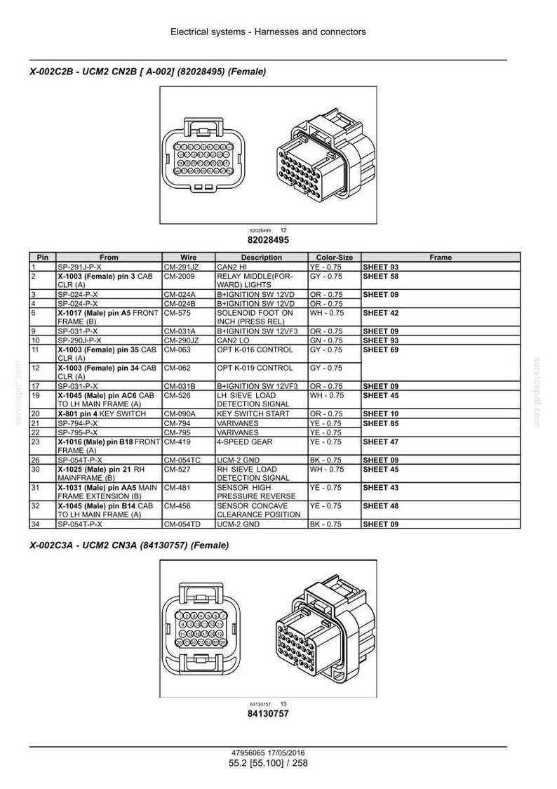 May include: Diagram of electrical connectors and harnesses, featuring two female connectors with multiple pin configurations. The image includes a detailed table listing pin assignments, wire specifications, and color codes for various electrical components.