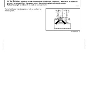 May include: A technical manual page titled 4 - OPERATING INSTRUCTIONS featuring a warning about escaping hydraulic fluid. It includes a black and white line drawing of a wheel loader with arrows pointing to the auxiliary hydraulic connection.