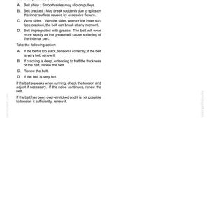 May include: A white document with text detailing periodic drive belt checks for a car's air conditioning system. The text describes potential problems like shiny belts, cracks, and wear, along with recommended actions.