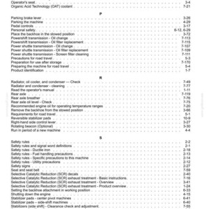 May include: A page from an operator's manual featuring an index of technical topics starting with the letters P, R, and S. The text lists maintenance and operation procedures for heavy machinery, including backhoe, loader, and transmission systems.