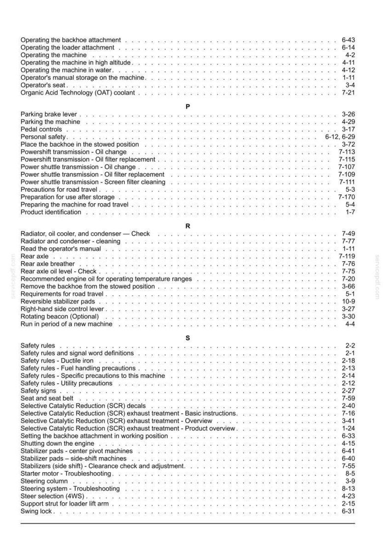 May include: A page from an operator's manual featuring an index of technical topics starting with the letters P, R, and S. The text lists maintenance and operation procedures for heavy machinery, including backhoe, loader, and transmission systems.