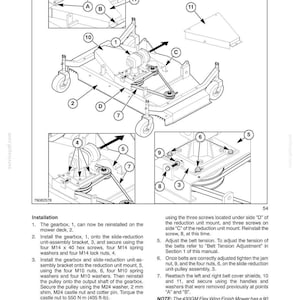 Puede incluir: Un diagrama t&eacute;cnico de la secci&oacute;n 58 - Mower - Chapter 3, que ilustra la instalaci&oacute;n de una caja de cambios y una unidad de reducci&oacute;n en una plataforma de corte. La imagen incluye piezas numeradas, puntos de montaje con letras e instrucciones.