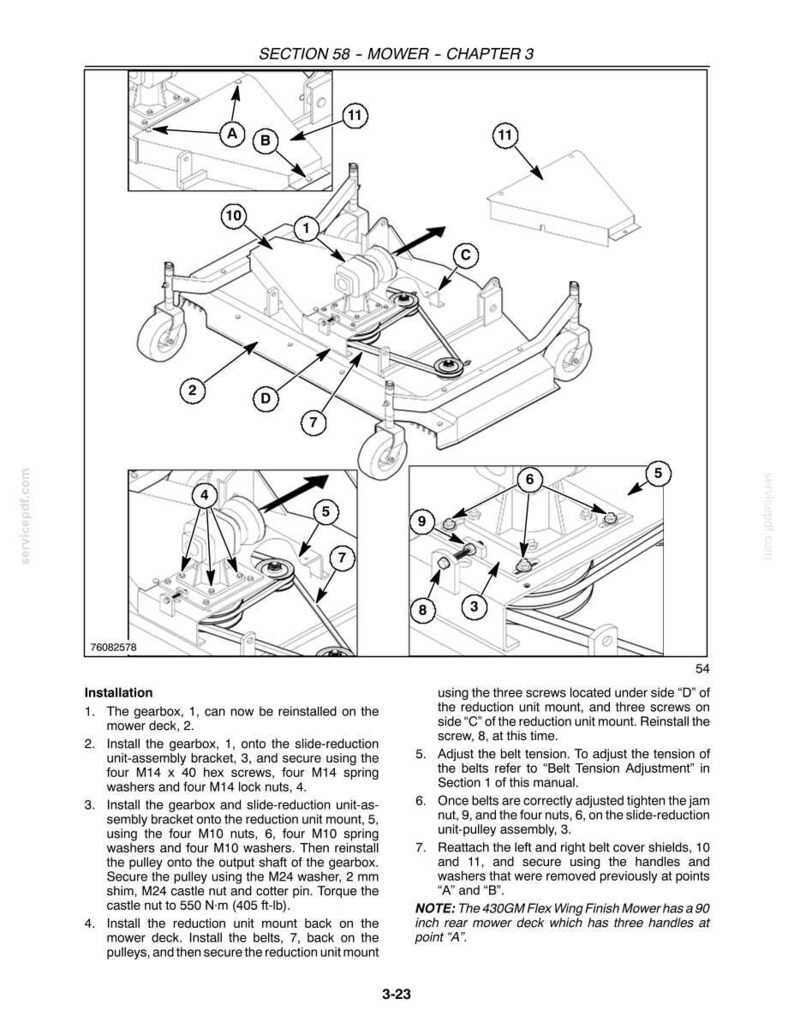 Puede incluir: Un diagrama t&eacute;cnico de la secci&oacute;n 58 - Mower - Chapter 3, que ilustra la instalaci&oacute;n de una caja de cambios y una unidad de reducci&oacute;n en una plataforma de corte. La imagen incluye piezas numeradas, puntos de montaje con letras e instrucciones.