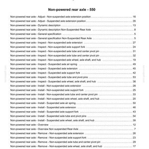 May include: A white document titled "Index" with the heading "Rear axle system - 27." The document lists various non-powered rear axle topics, including adjustment, inspection, and installation, with corresponding page numbers.