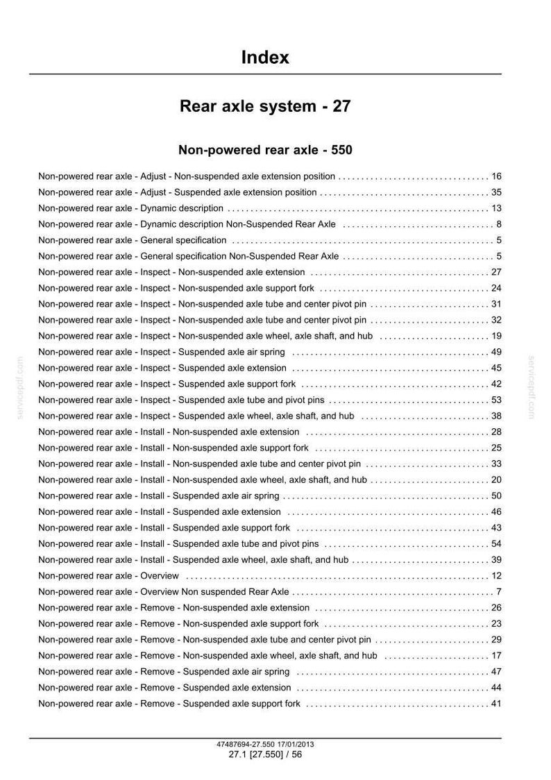 May include: A white document titled "Index" with the heading "Rear axle system - 27." The document lists various non-powered rear axle topics, including adjustment, inspection, and installation, with corresponding page numbers.