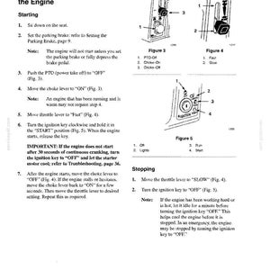 May include: A page from an equipment manual titled Starting and Stopping the Engine. It includes numbered instructions and three technical diagrams labeled Figure 3, Figure 4, and Figure 5, illustrating the PTO, choke, throttle, and ignition controls.
