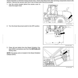 May include: Diagram of a tractor with arrows pointing to specific areas for maintenance. Text includes instructions for removing the Diesel Exhaust Fluid (DEF) dosing module, including cleaning and disconnecting.